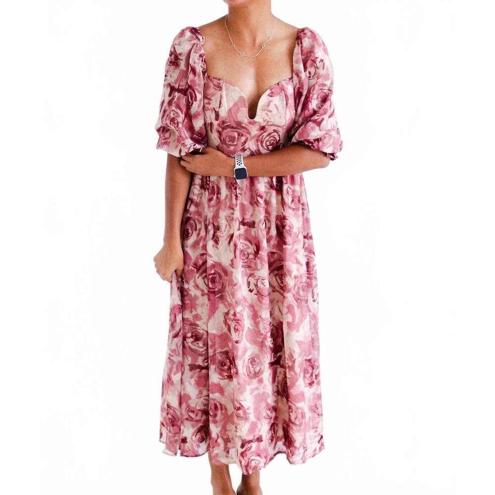 NEW WILDFLOWER women's floral textured jacquared midi dress in beige